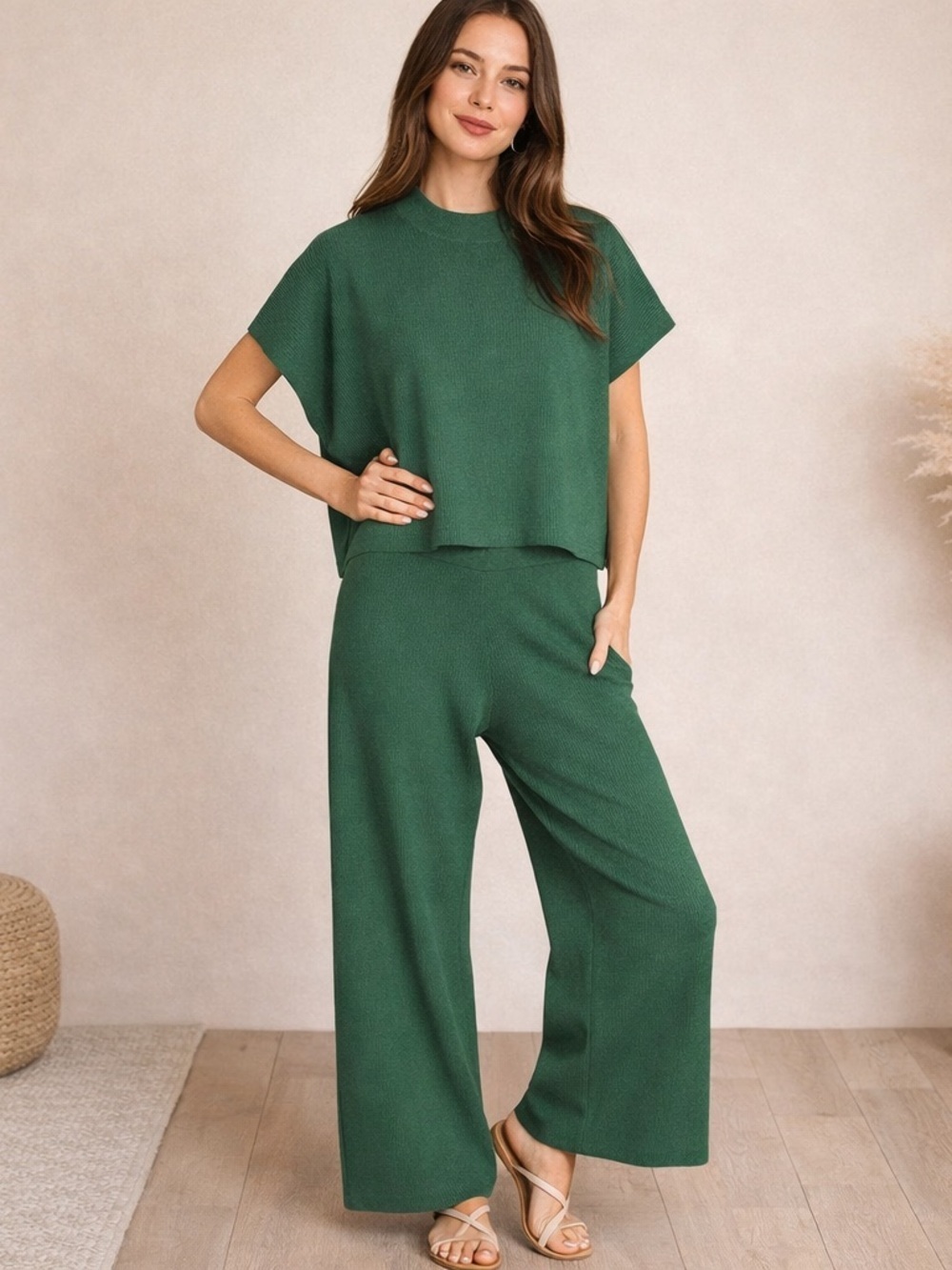 NEW Zenana Dark Green Ribbed Matching Set Size Small Viscose Top High Rise Pants